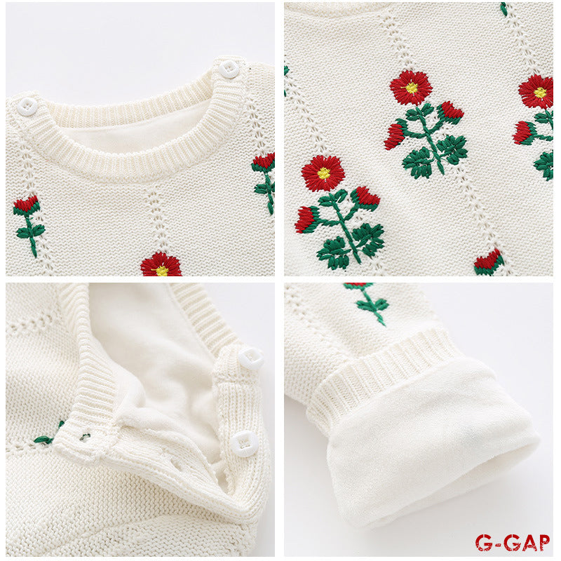 Embroidered Woolen Baby Romper - Thick Plush Newborn Outfit