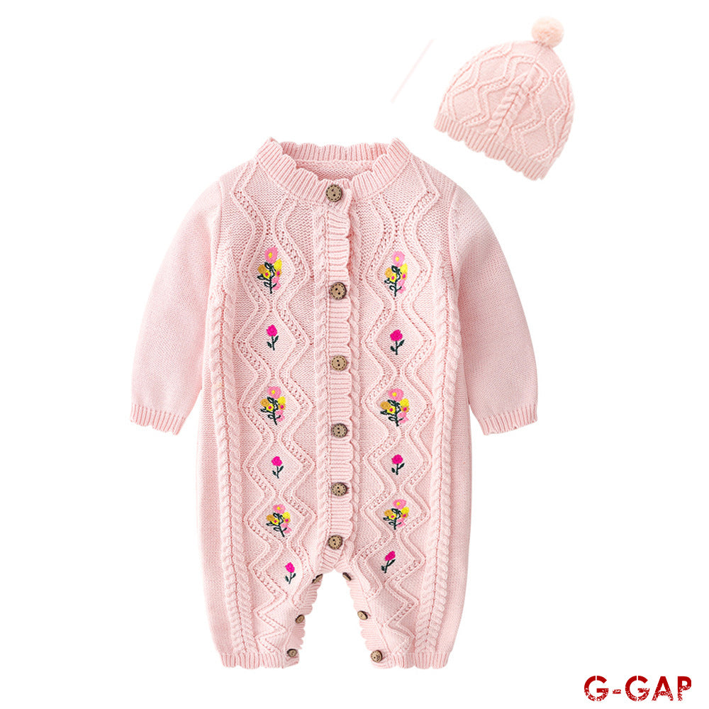 Baby Woolen Jumpsuit with Hat - Embroidered Newborn Outfit