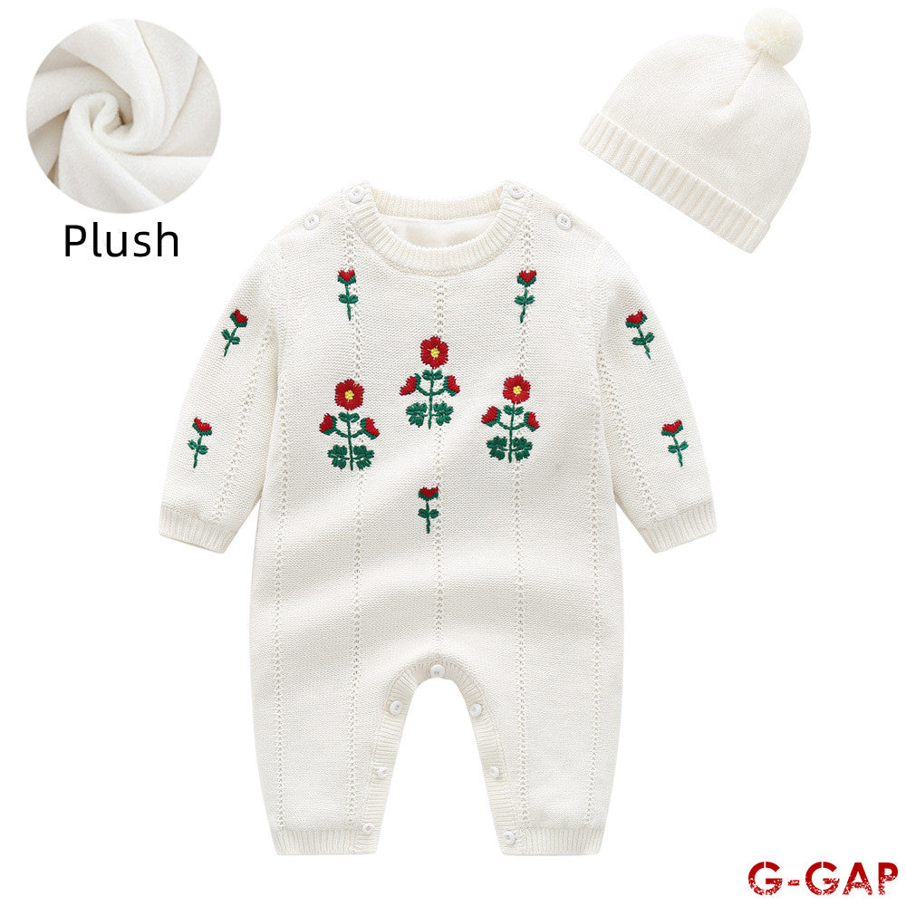 Embroidered Woolen Baby Romper - Thick Plush Newborn Outfit