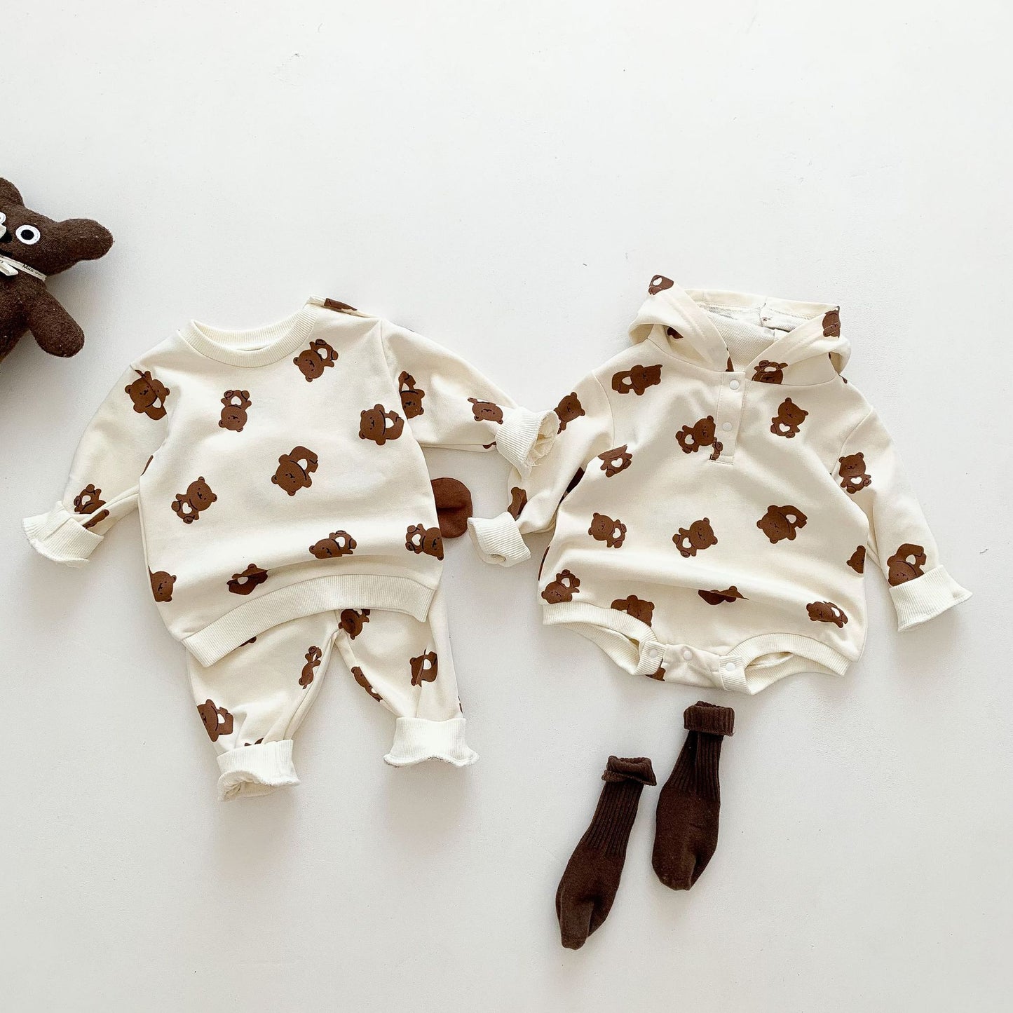 BABY ROMPER AND CARTOON BEAR PRINT JUMPSUIT SET