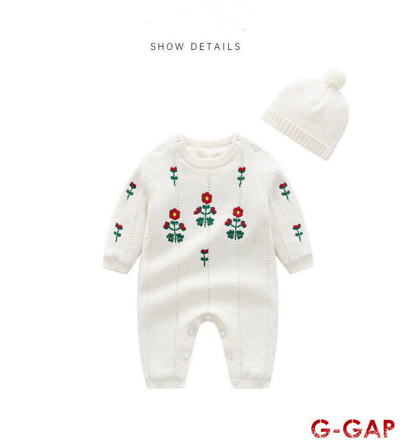 Embroidered Woolen Baby Romper - Thick Plush Newborn Outfit