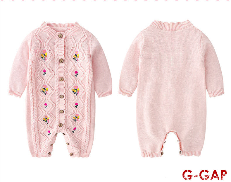 Baby Woolen Jumpsuit with Hat - Embroidered Newborn Outfit