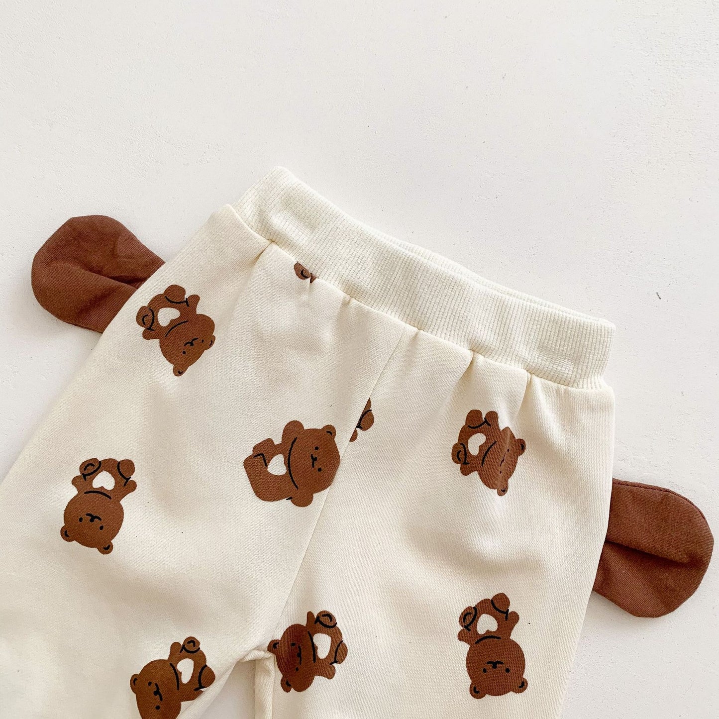 BABY ROMPER AND CARTOON BEAR PRINT JUMPSUIT SET