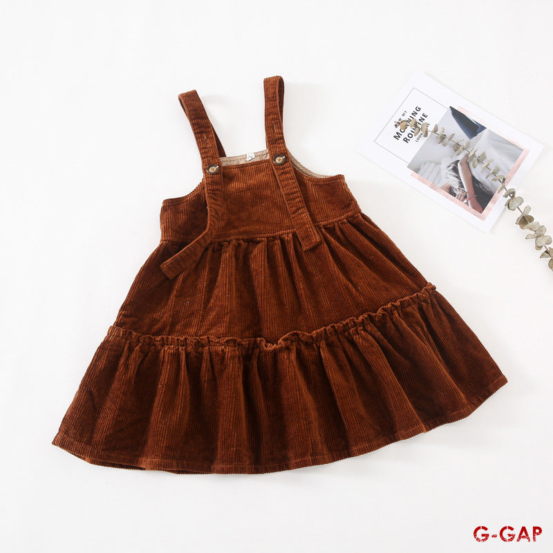Spring and Autumn Girls' Princess Corduroy Suspender Dress