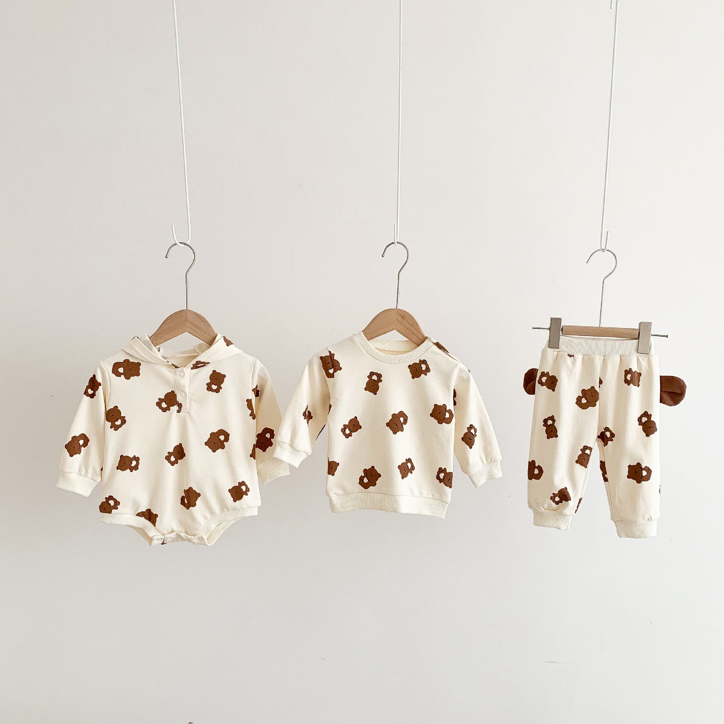 BABY ROMPER AND CARTOON BEAR PRINT JUMPSUIT SET