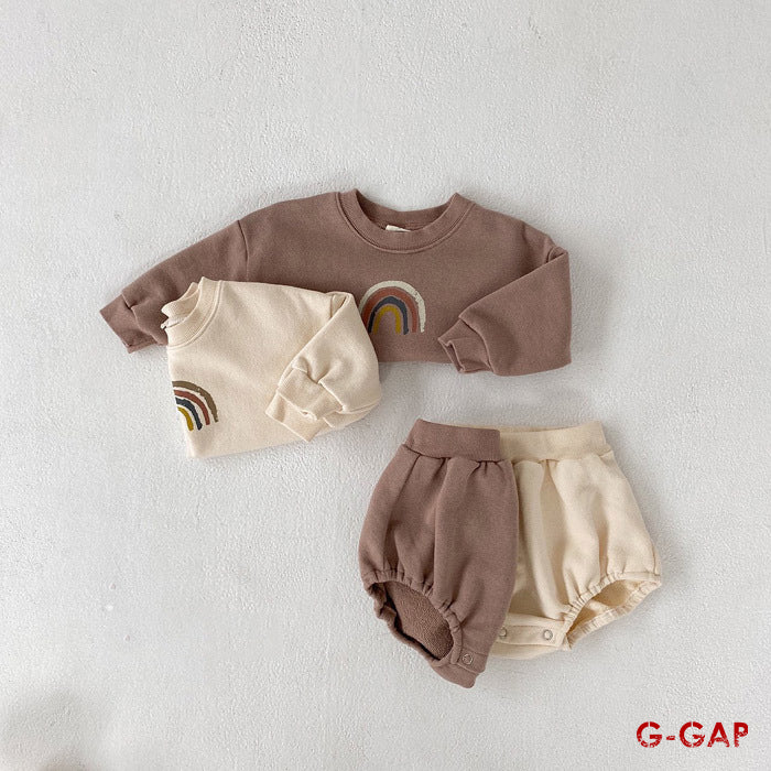 Autumn Cute Rainbow Sweater and Shorts Set for Korean Baby