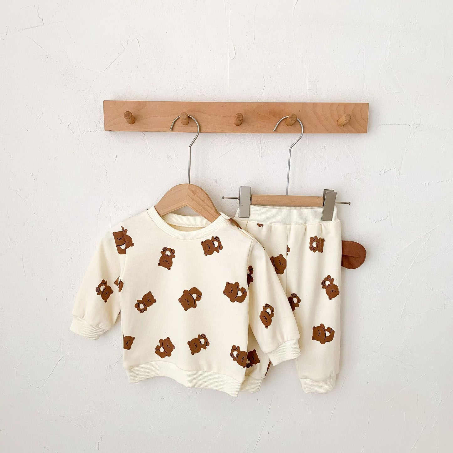 BABY ROMPER AND CARTOON BEAR PRINT JUMPSUIT SET