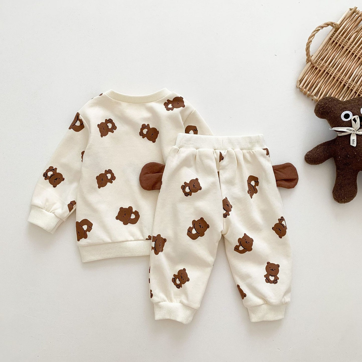 BABY ROMPER AND CARTOON BEAR PRINT JUMPSUIT SET