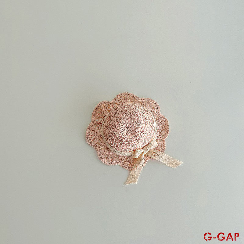 Summer Baby Straw Sun Hat with Lace Bow - Sun Protection Fisherman Hat