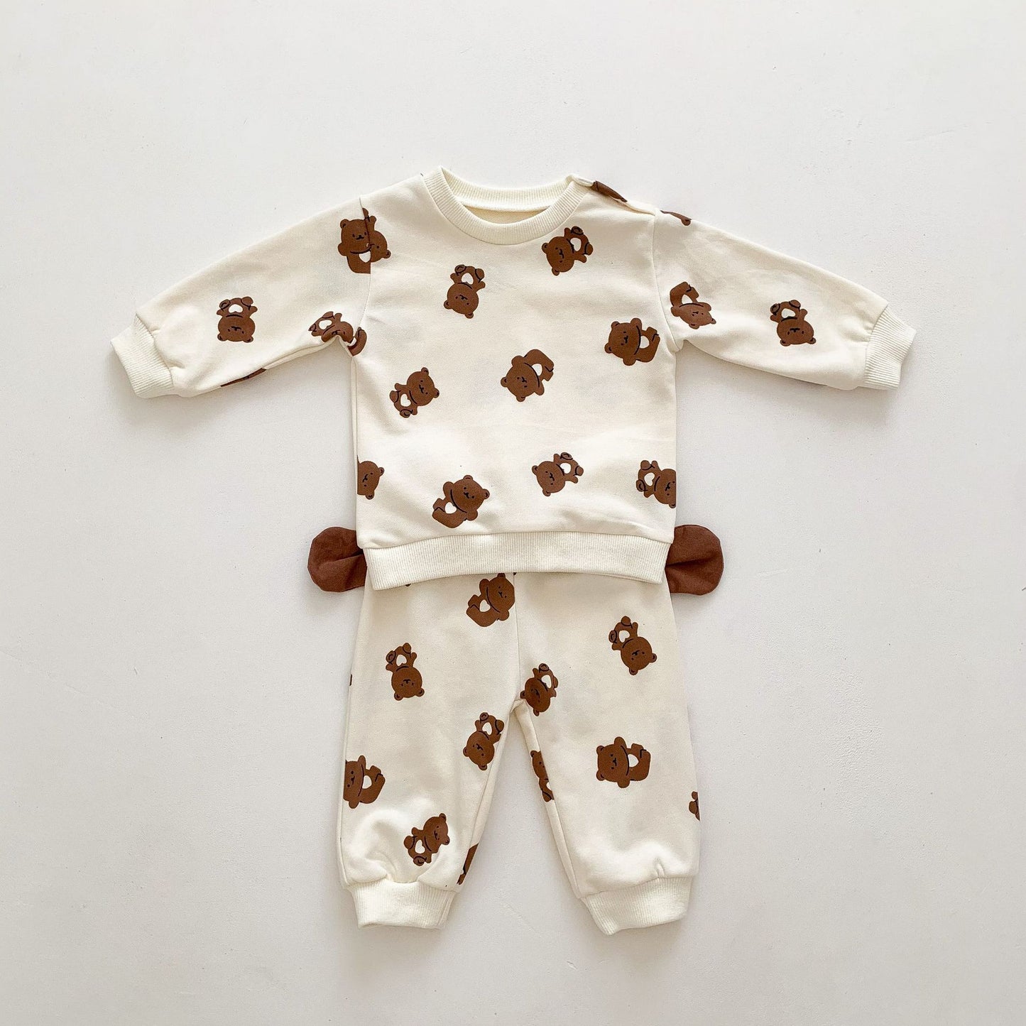 BABY ROMPER AND CARTOON BEAR PRINT JUMPSUIT SET