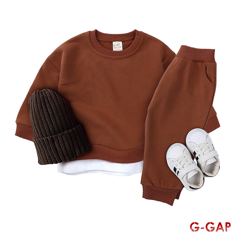 Autumn Children's Cotton Round Neck Top and Sweatpants Set