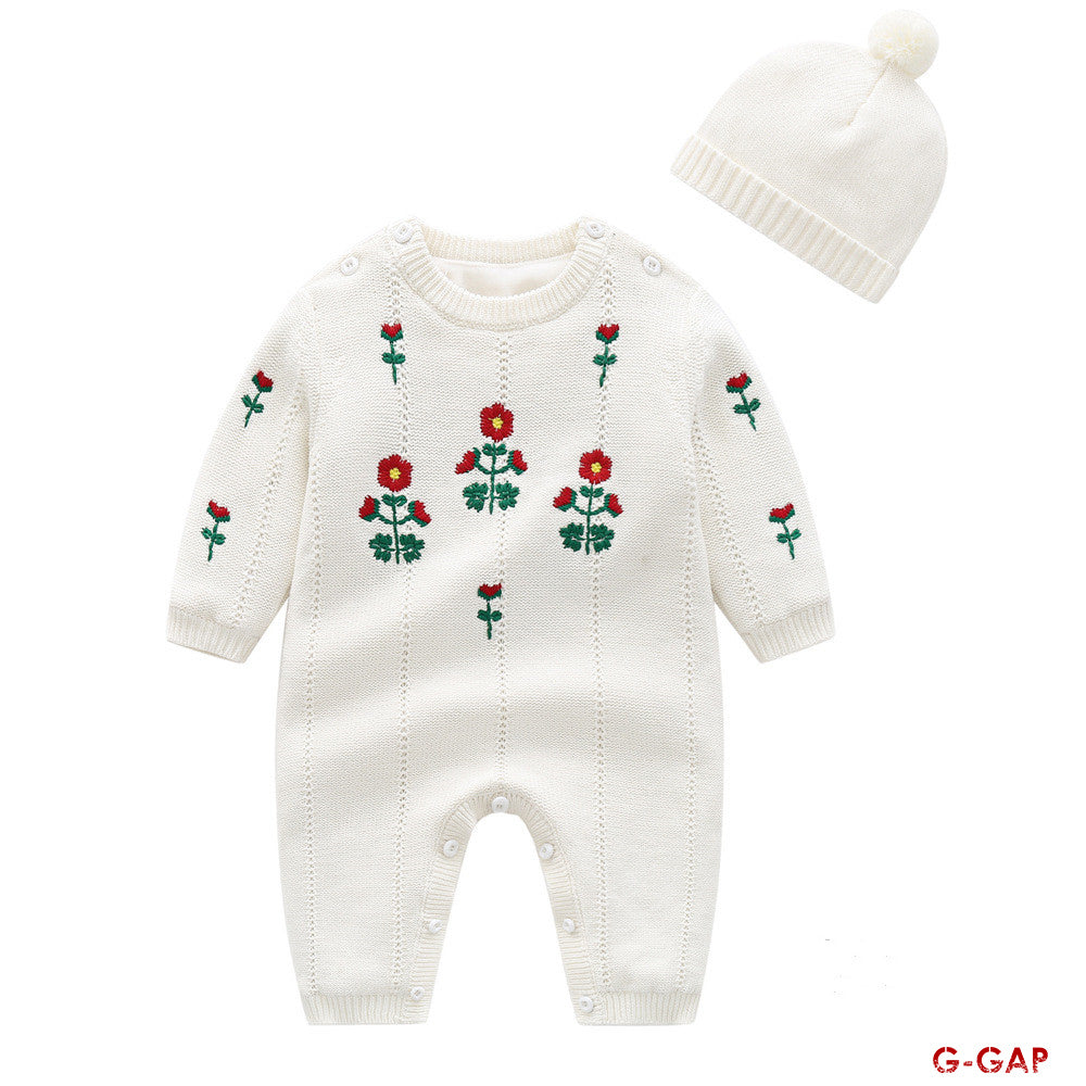 Embroidered Woolen Baby Romper - Thick Plush Newborn Outfit