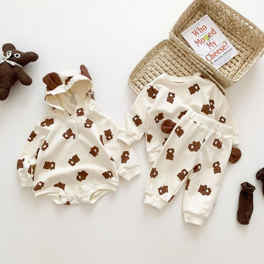 BABY ROMPER AND CARTOON BEAR PRINT JUMPSUIT  SET