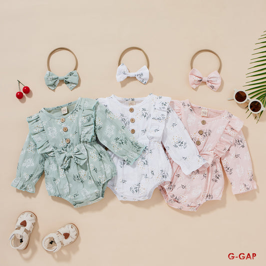 Baby Girl Flower Print Seersucker Cotton Muslin Clothing Set