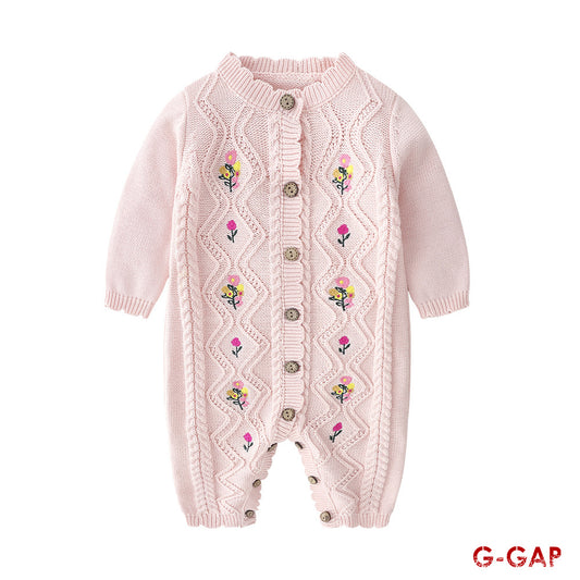 Baby Woolen Jumpsuit with Hat - Embroidered Newborn Outfit