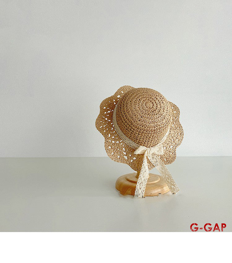 Summer Baby Straw Sun Hat with Lace Bow - Sun Protection Fisherman Hat
