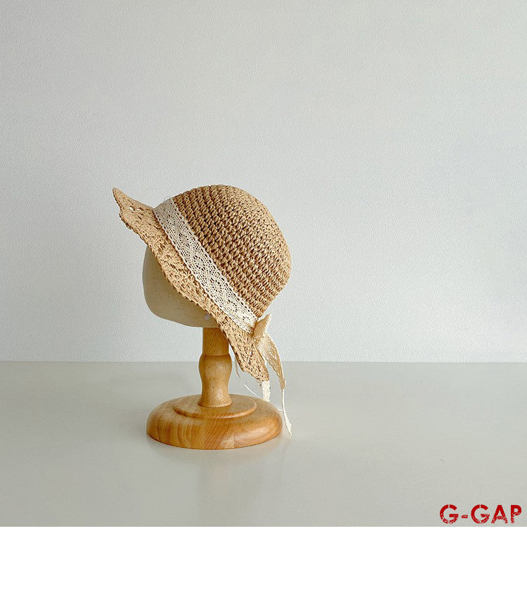 Summer Baby Straw Sun Hat with Lace Bow - Sun Protection Fisherman Hat