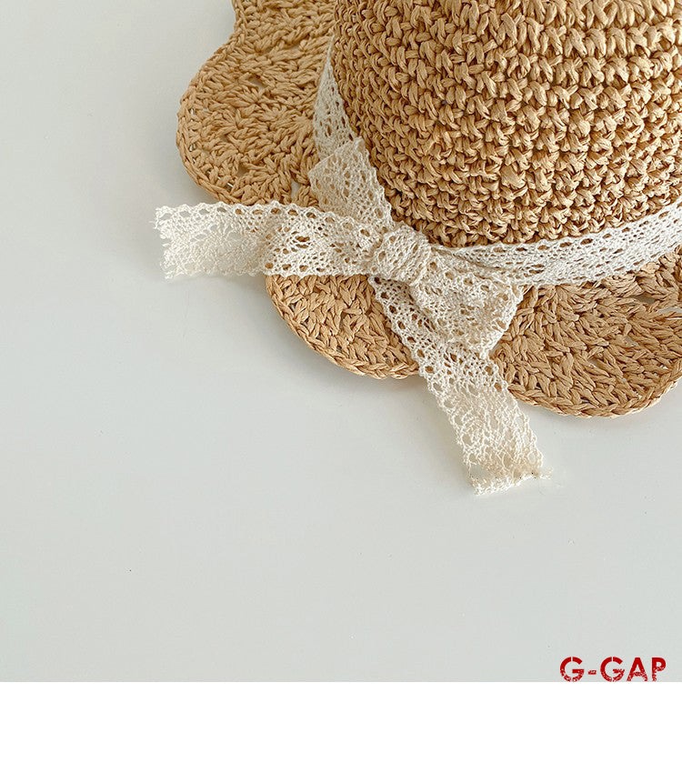 Summer Baby Straw Sun Hat with Lace Bow - Sun Protection Fisherman Hat