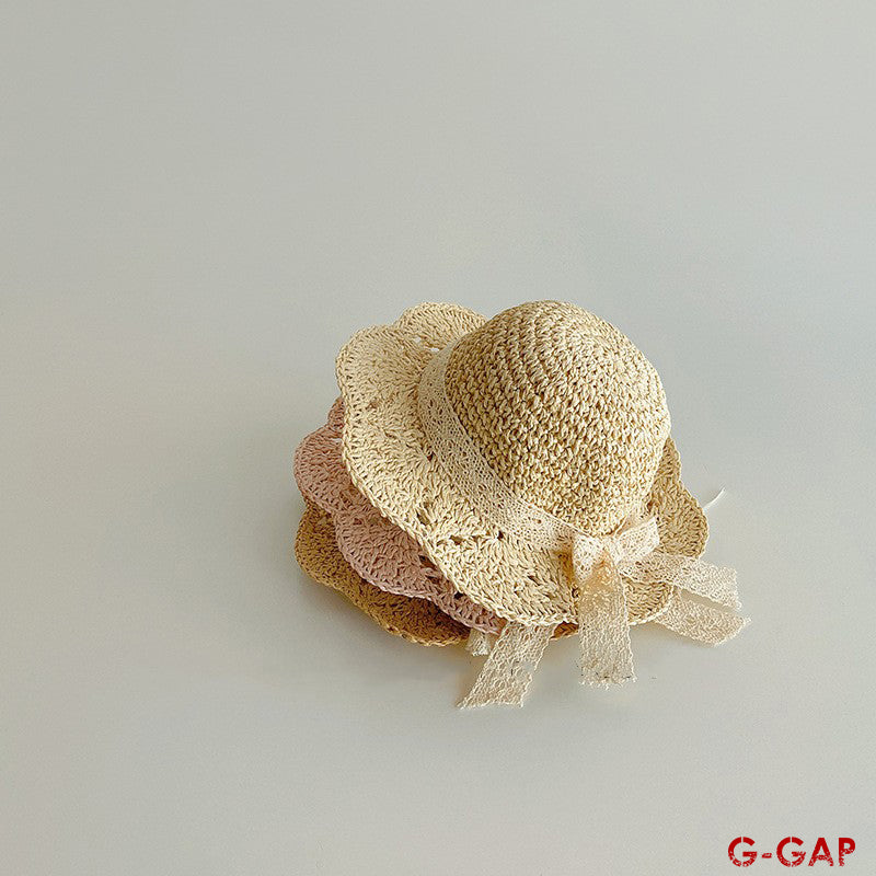 Summer Baby Straw Sun Hat with Lace Bow - Sun Protection Fisherman Hat