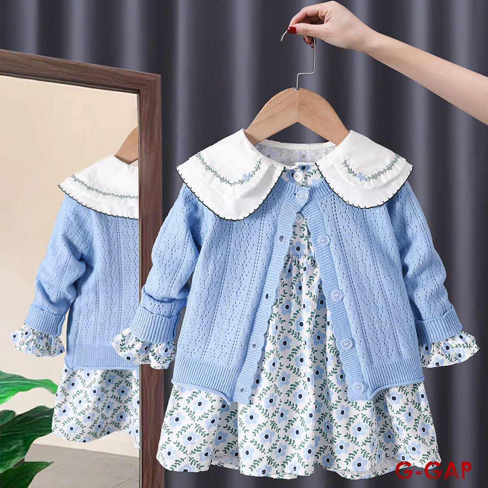 Girls' Autumn 2-Piece Set Knitted Cardigan and Flower Dress
