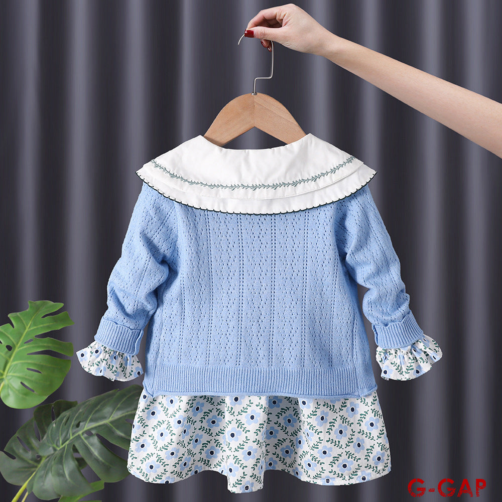 Girls' Autumn 2-Piece Set Knitted Cardigan and Flower Dress