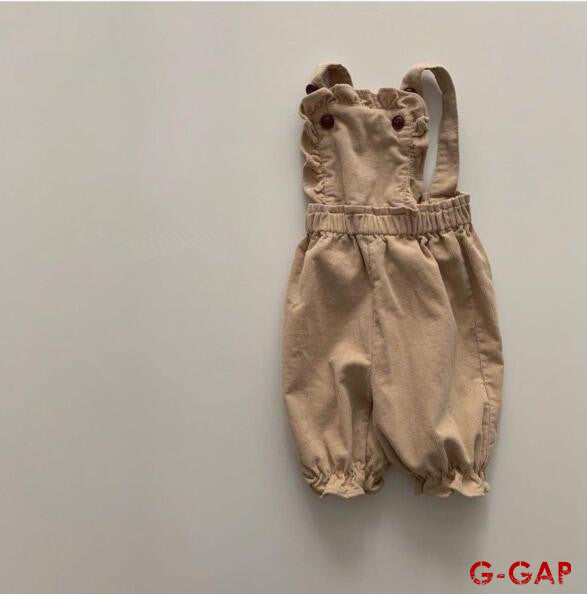 Spring and Autumn High-Quality Baby Corduroy Ruffle Suspender Pants