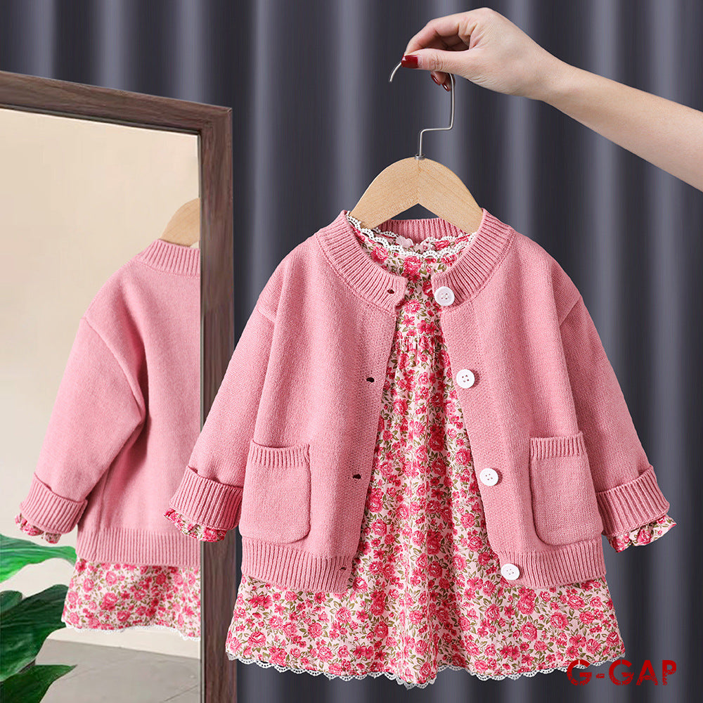 Girls' Autumn 2-Piece Set Knitted Cardigan and Flower Dress