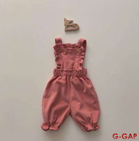 Spring and Autumn High-Quality Baby Corduroy Ruffle Suspender Pants