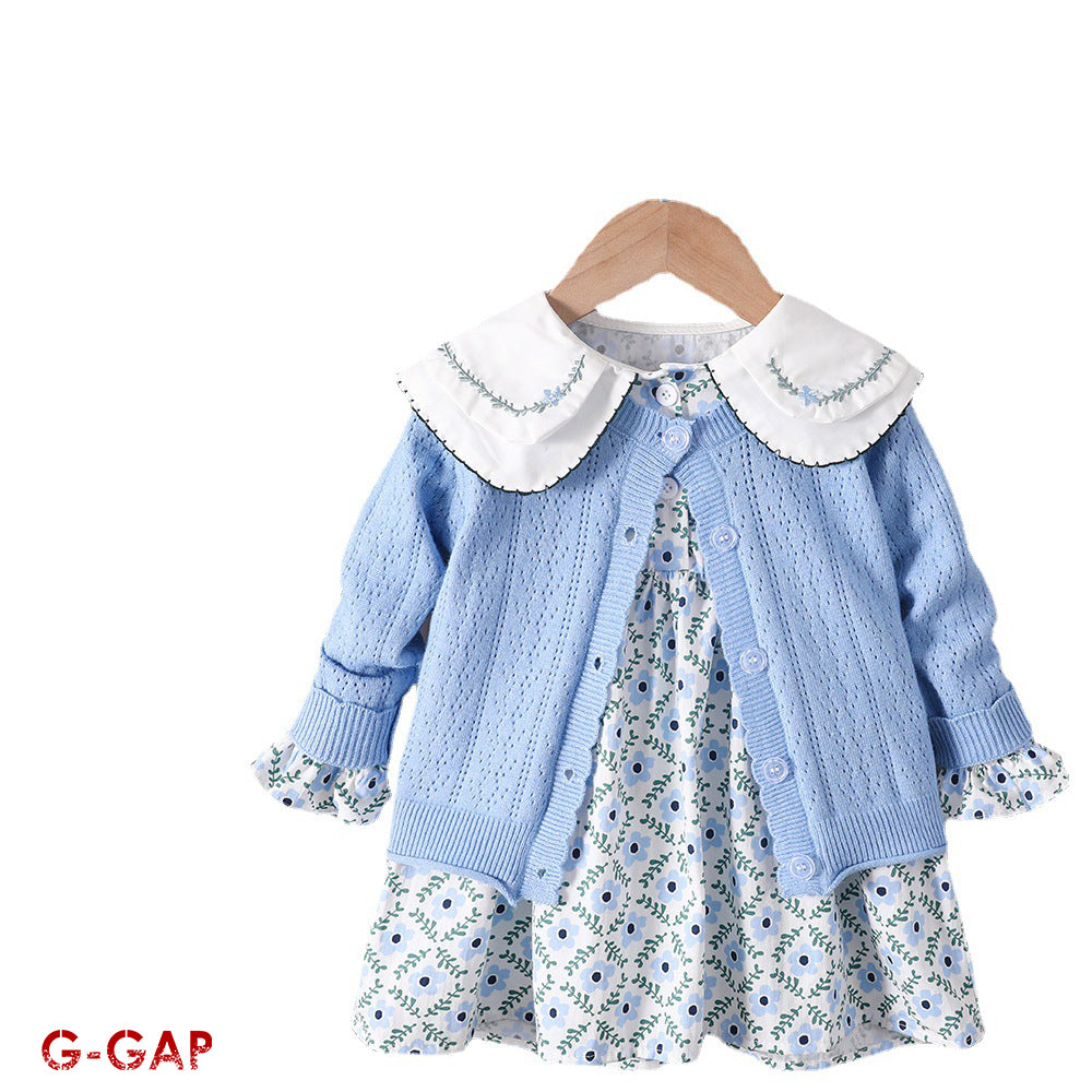Girls' Autumn 2-Piece Set Knitted Cardigan and Flower Dress